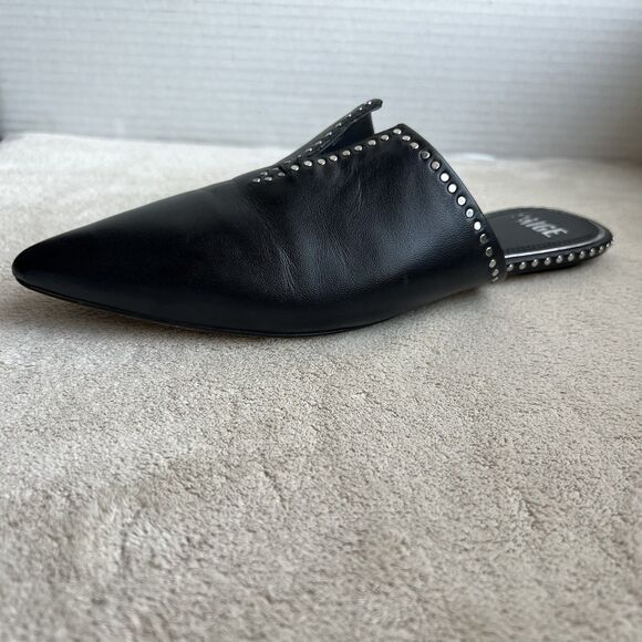 Paige Alia Black Leather Mule Slide Flats Women 7 Silver Stud Pointed Toe Casual - Picture 2 of 15
